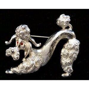 Vintage Money Brushed Silver Tone Poodle Dog Brooch w/Red Eyes Fancy Cute